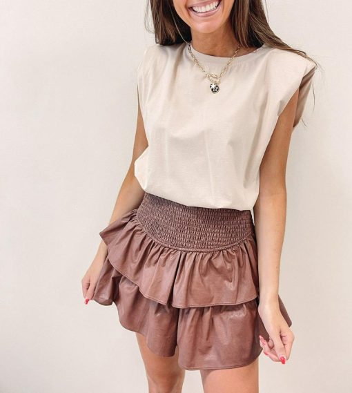 Faux Leather Smocked Skirt – Brown - Image 4
