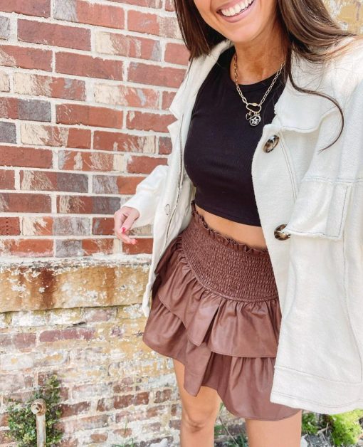 Faux Leather Smocked Skirt – Brown - Image 5