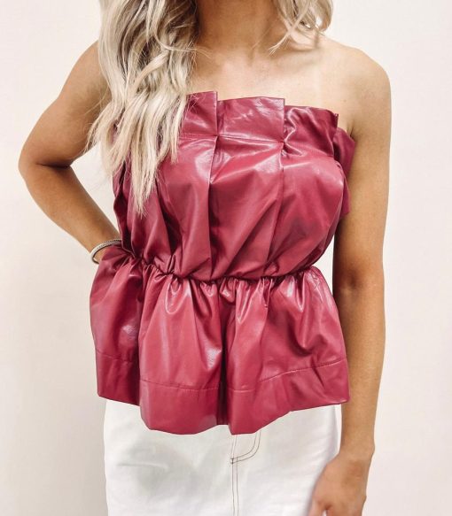 Ruched Faux Leather Top – Burgundy - Image 5