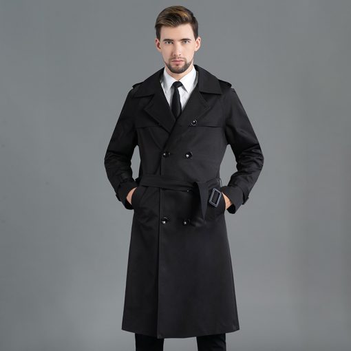 Men's Long Double Breasted Spring And Autumn Fashion Trench Coat Black - Image 2