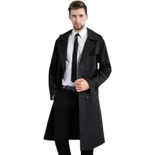 Men's Long Double Breasted Spring And Autumn Fashion Trench Coat Black