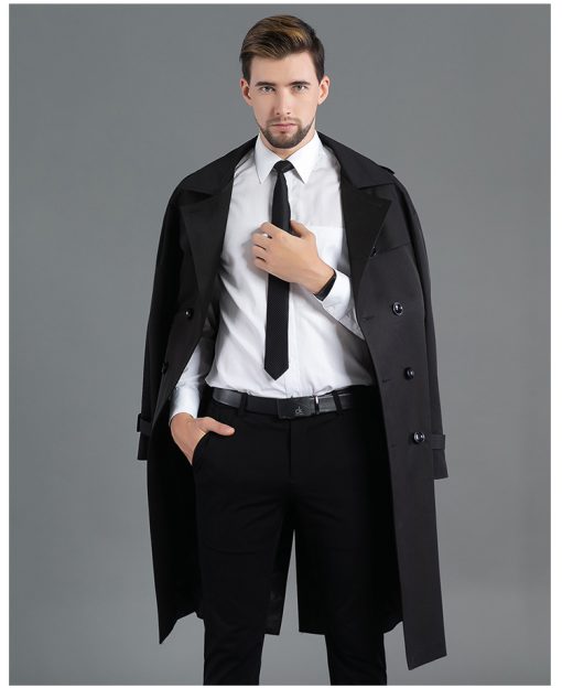 Men's Long Double Breasted Spring And Autumn Fashion Trench Coat Black - Image 4