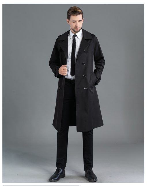 Men's Long Double Breasted Spring And Autumn Fashion Trench Coat Blue