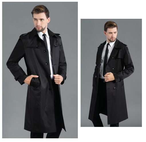 Men's Long Double Breasted Spring And Autumn Fashion Trench Coat Black - Image 3