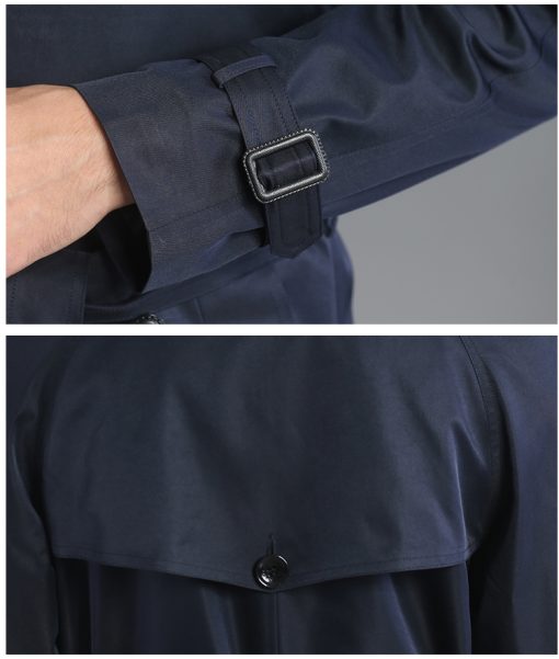 Men's Long Double Breasted Spring And Autumn Fashion Trench Coat Blue - Image 3