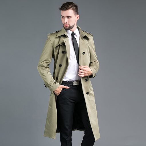 Men's Long Double Breasted Spring And Autumn Fashion Trench Coat Green - Image 2