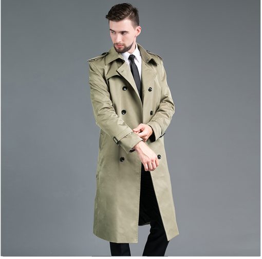 Men's Long Double Breasted Spring And Autumn Fashion Trench Coat Green - Image 5