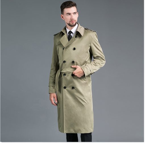 Men's Long Double Breasted Spring And Autumn Fashion Trench Coat Green - Image 4