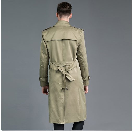 Men's Long Double Breasted Spring And Autumn Fashion Trench Coat Green - Image 3