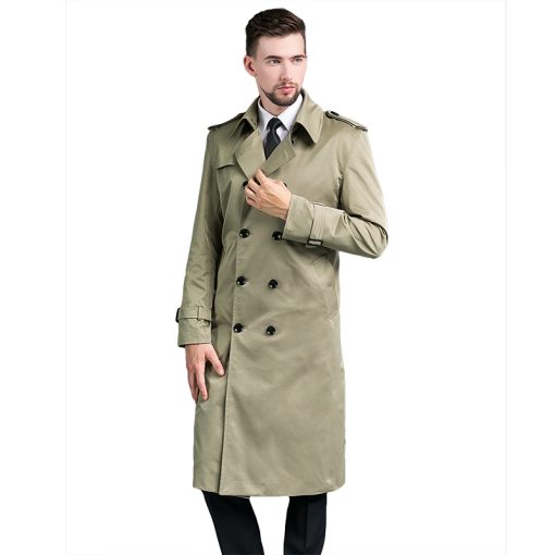 Men's Long Double Breasted Spring And Autumn Fashion Trench Coat Green