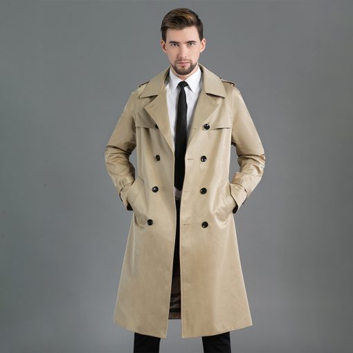 Men's Long Double Breasted Spring And Autumn Fashion Trench Coat Khaki - Image 2