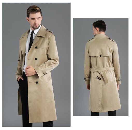 Men's Long Double Breasted Spring And Autumn Fashion Trench Coat Khaki - Image 3