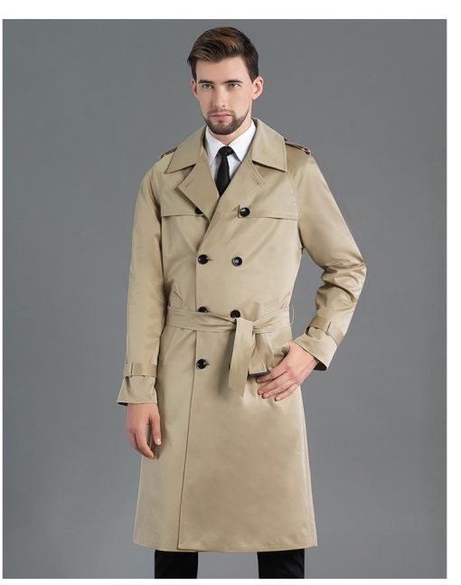 Men's Long Double Breasted Spring And Autumn Fashion Trench Coat Khaki - Image 6