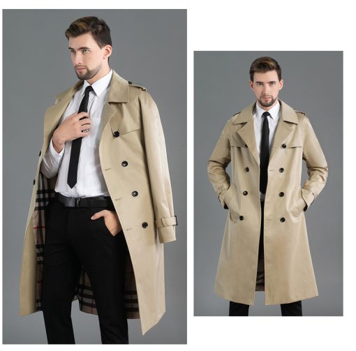 Men's Long Double Breasted Spring And Autumn Fashion Trench Coat Khaki - Image 5