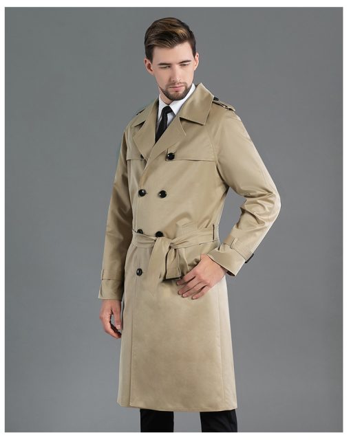 Men's Long Double Breasted Spring And Autumn Fashion Trench Coat Khaki - Image 4