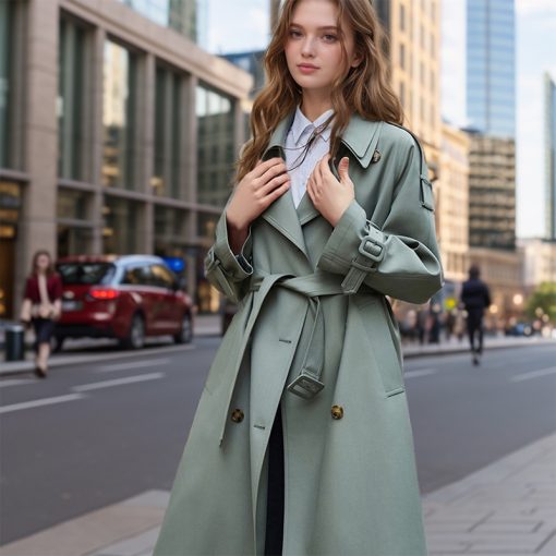 Popular Trench Coat Women 2024 Fall/Winter New Mid-Length Coat Green - Image 5