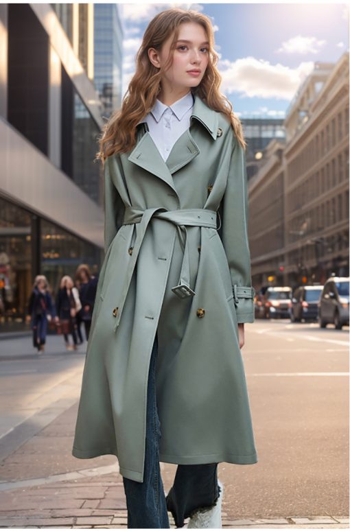Popular Trench Coat Women 2024 Fall/Winter New Mid-Length Coat Green - Image 3