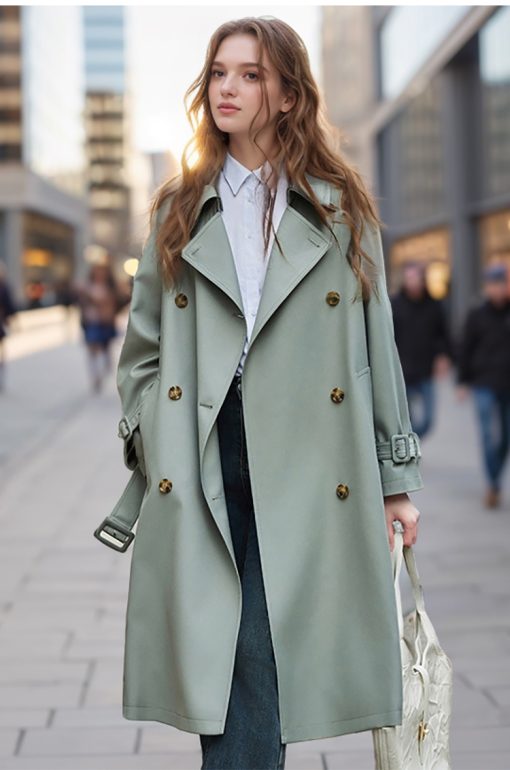 Popular Trench Coat Women 2024 Fall/Winter New Mid-Length Coat Green - Image 2